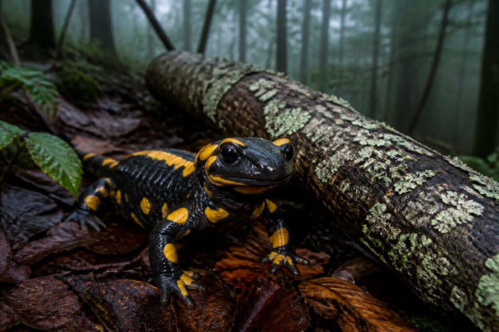 salamandre tachetée en portrait près d’un billon couvert de lichens dans une forêt humide et brumeuse