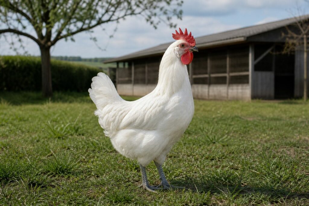 Poule de Bresse adulte dans une ferme de Bresse, France