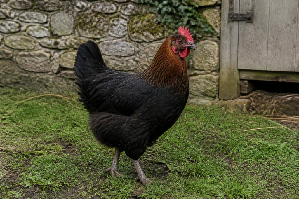 Poule Marans adulte dans une cour de ferme près de Marans, France