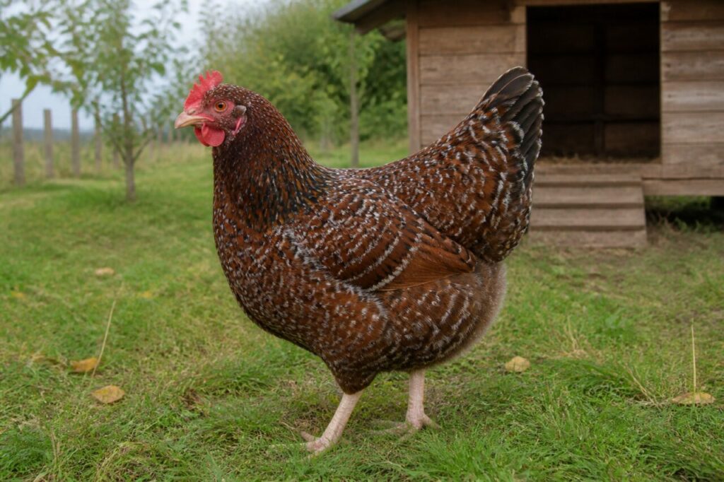 Poule Sussex mouchetée adulte dans une ferme du Sussex, Angleterre