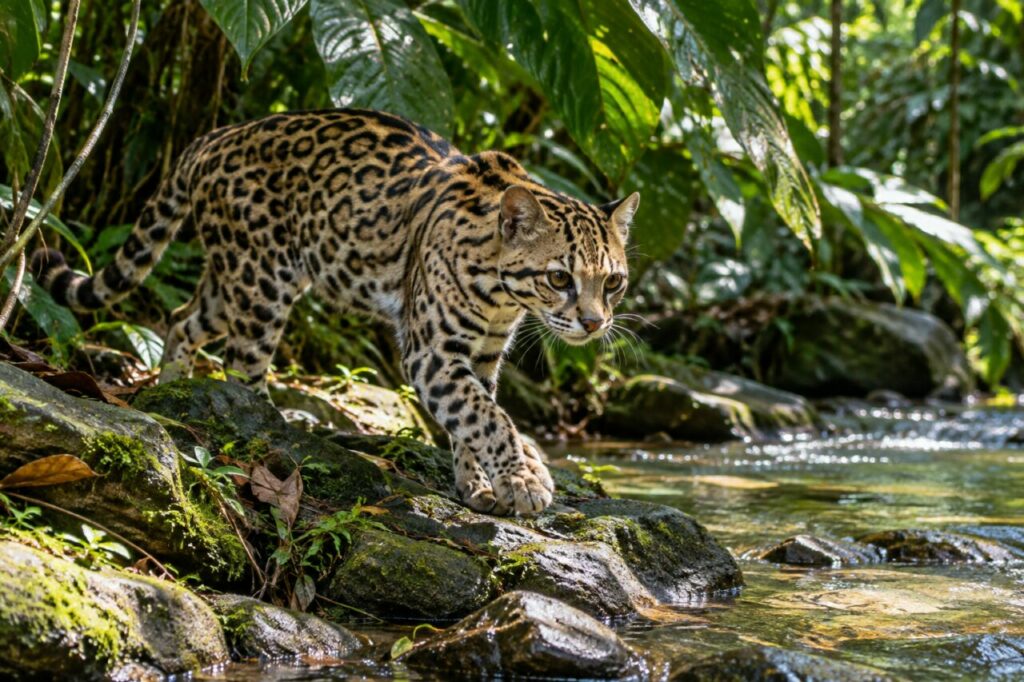 Près du ruisseau — ocelot (Leopardus pardalis) au bord d’un ruisseau clair sous les grandes feuilles