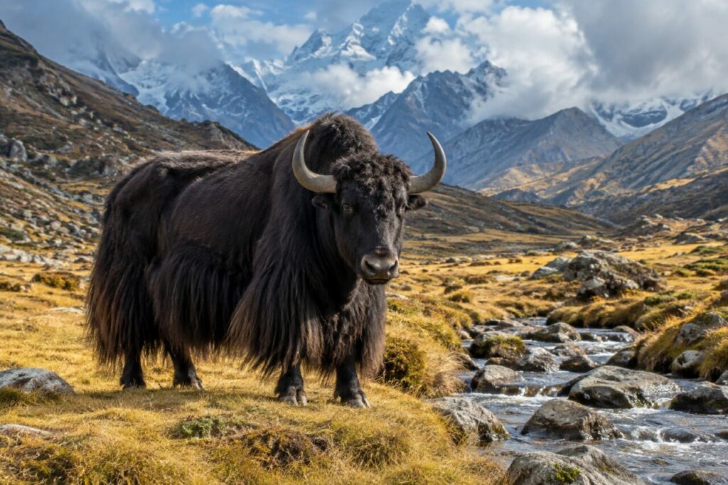 Près du torrent — yack sauvage (Bos mutus) au bord d’un torrent alpin entre les rochers