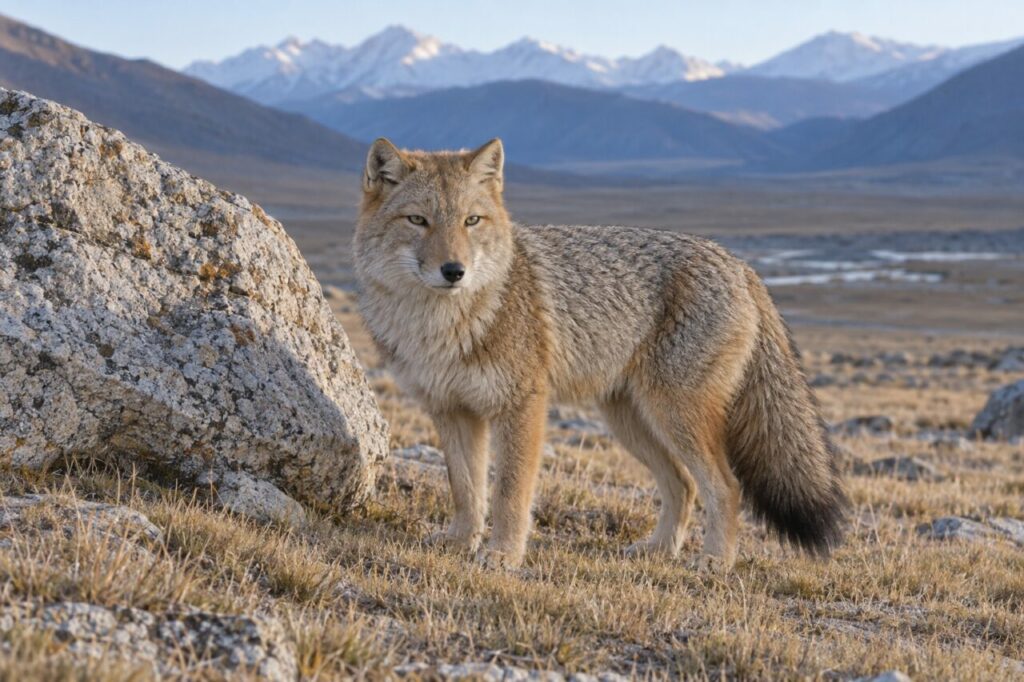 Près d’un rocher clair, un renard du Tibet sur le haut plateau