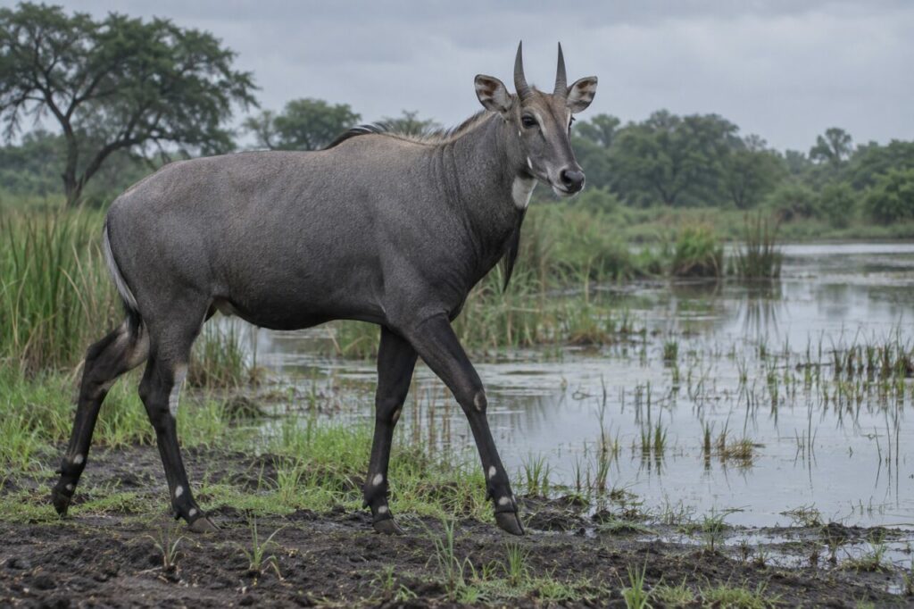 Près de la mare, nilgai au bord des roseaux