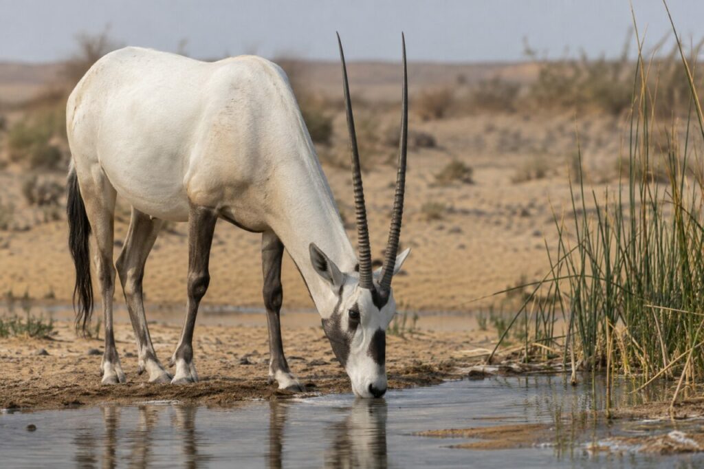 Près de la source, oryx arabe au bord de l’eau
