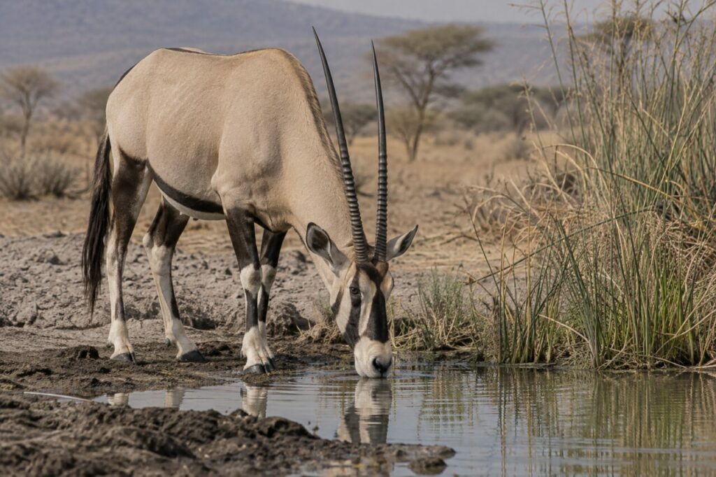 Près de la source, oryx beisa au bord de l’eau