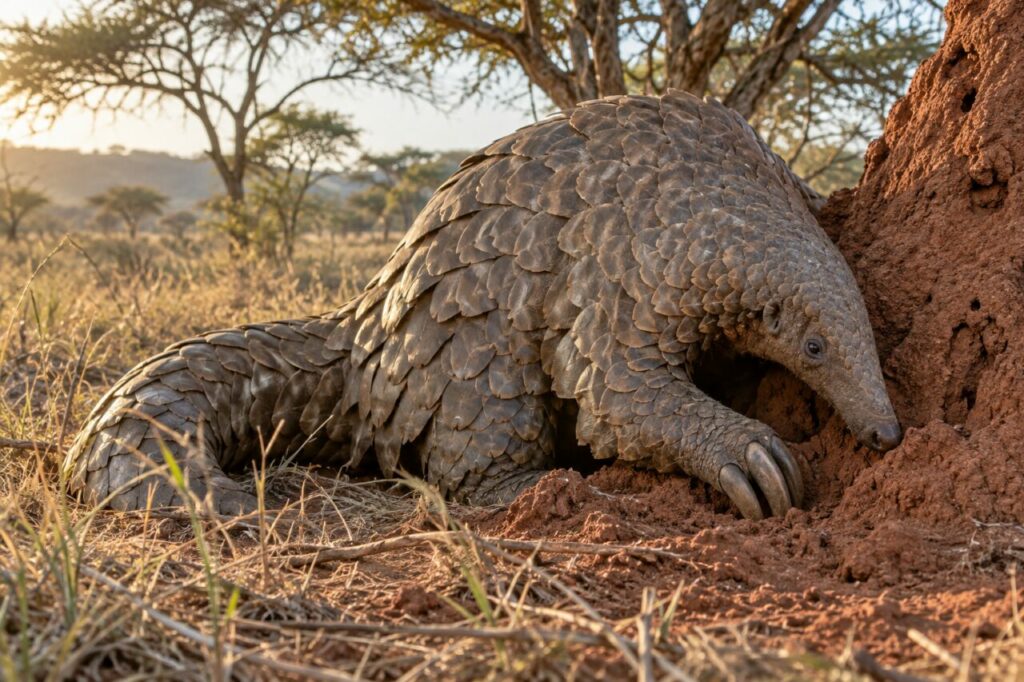 Terre rouge — pangolin géant (Smutsia gigantea) fouillant une termitière sous les acacias