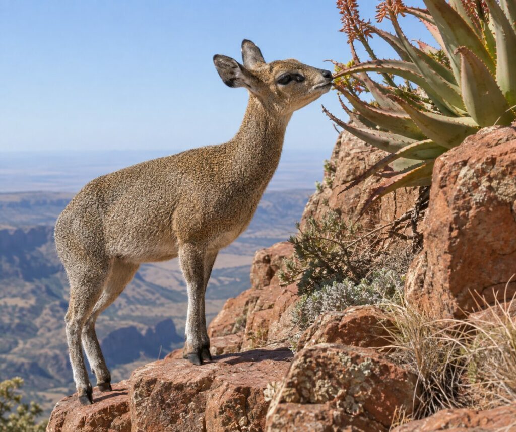 Près de l’aloès, femelle klipspringer au bord de la falaise