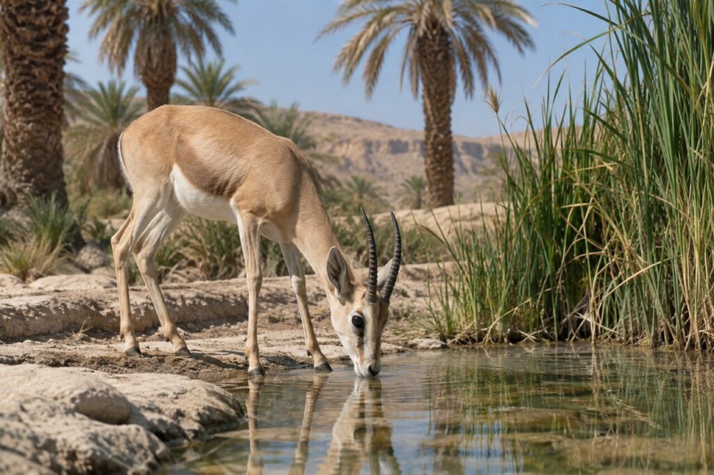Près de l’oasis, gazelle dorcas au bord de l’eau
