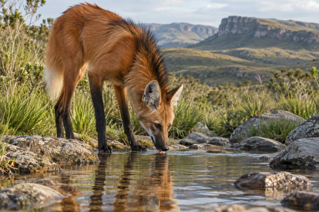Ruisseau de plateau — loup à crinière (Chrysocyon brachyurus) s’abreuvant entre les pierres lisses