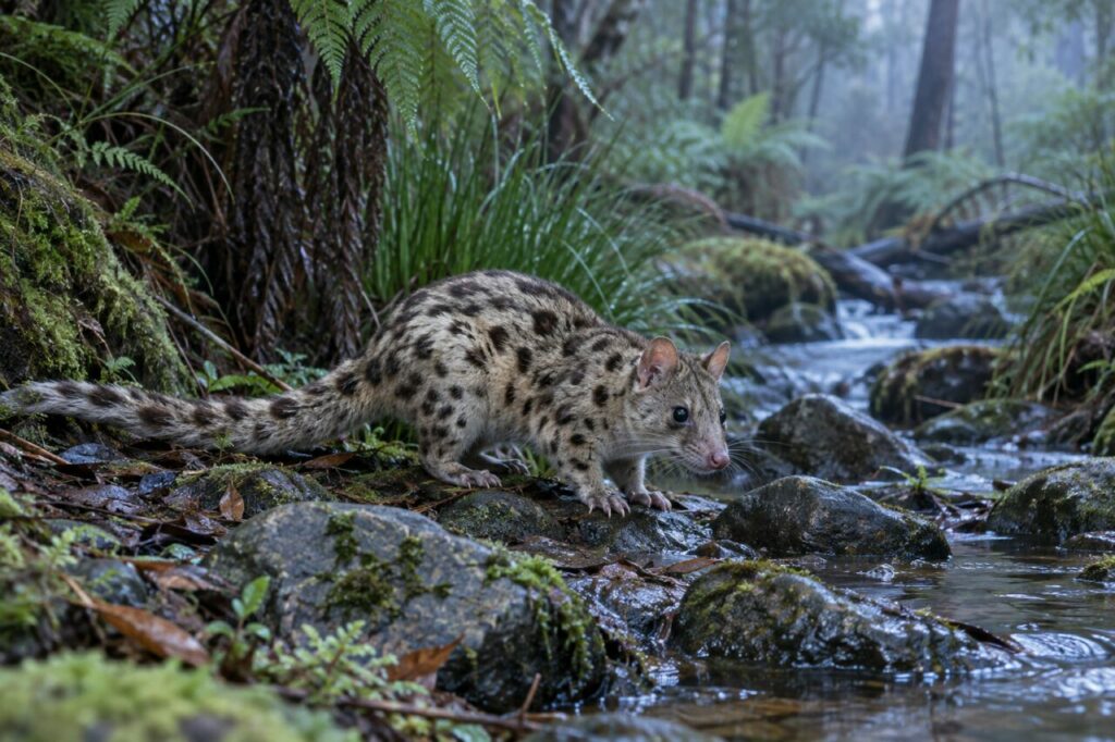 Près du ruisseau — quoll oriental (*Dasyurus viverrinus*)