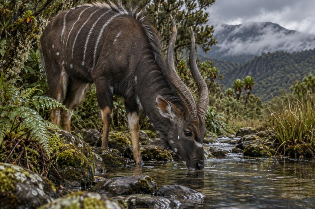Près d’un ruisseau, nyala de montagne entre les fougères