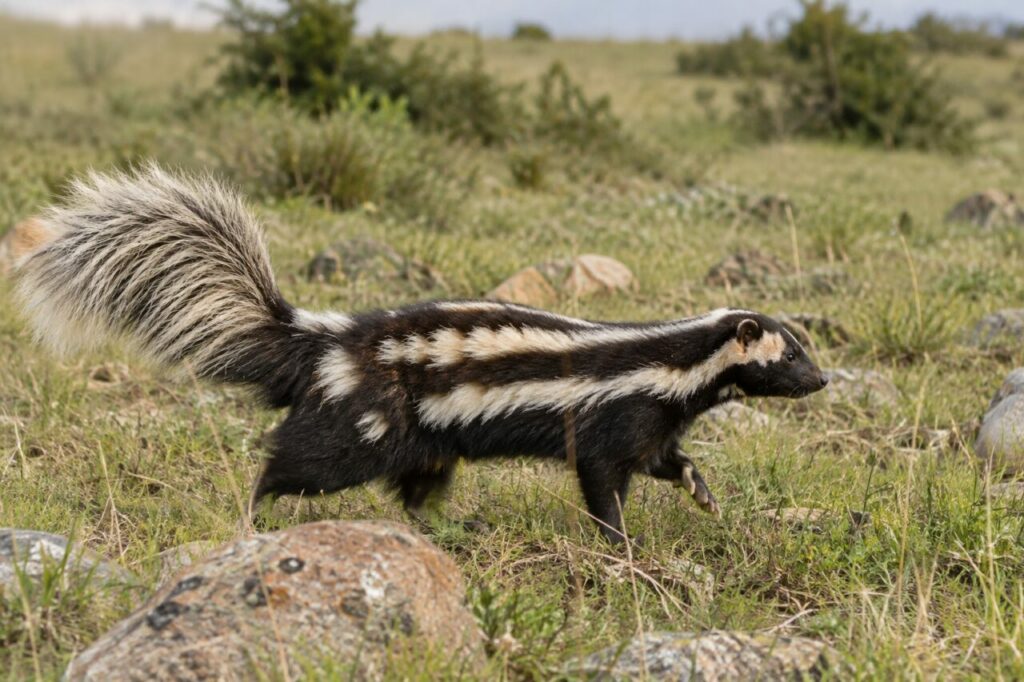 Profil rayé d’une zorille dans la savane ouverte