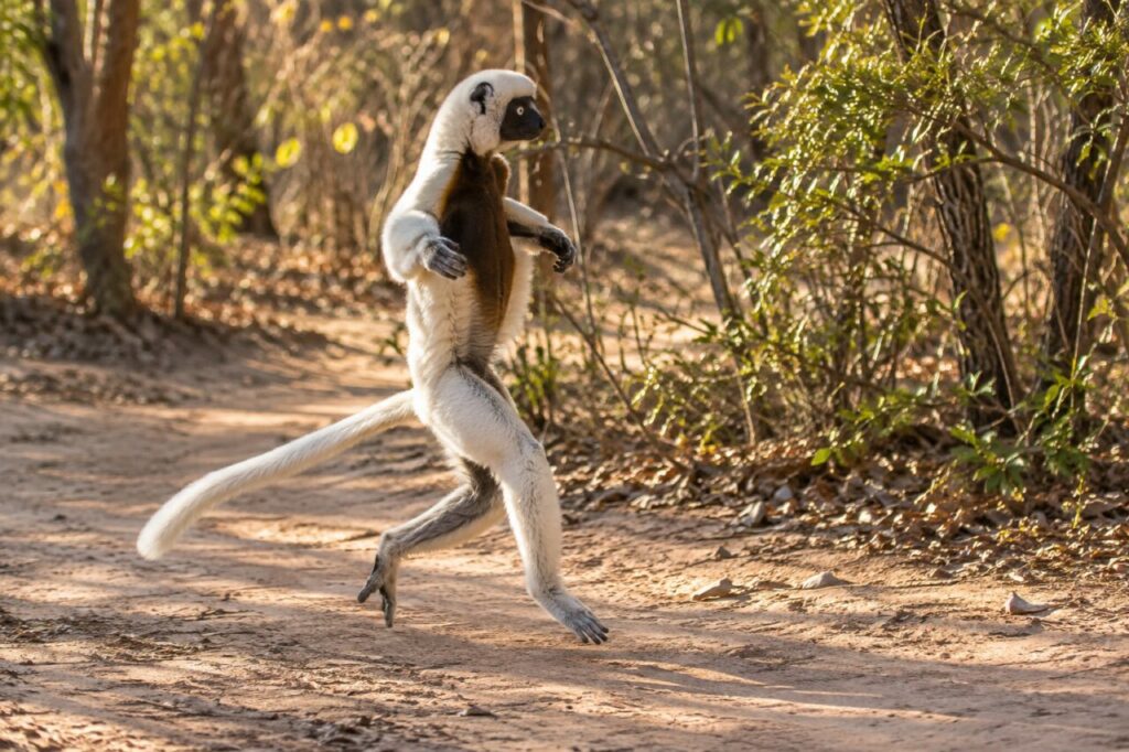 Sifaka de Verreaux — moving upright across dusty ground