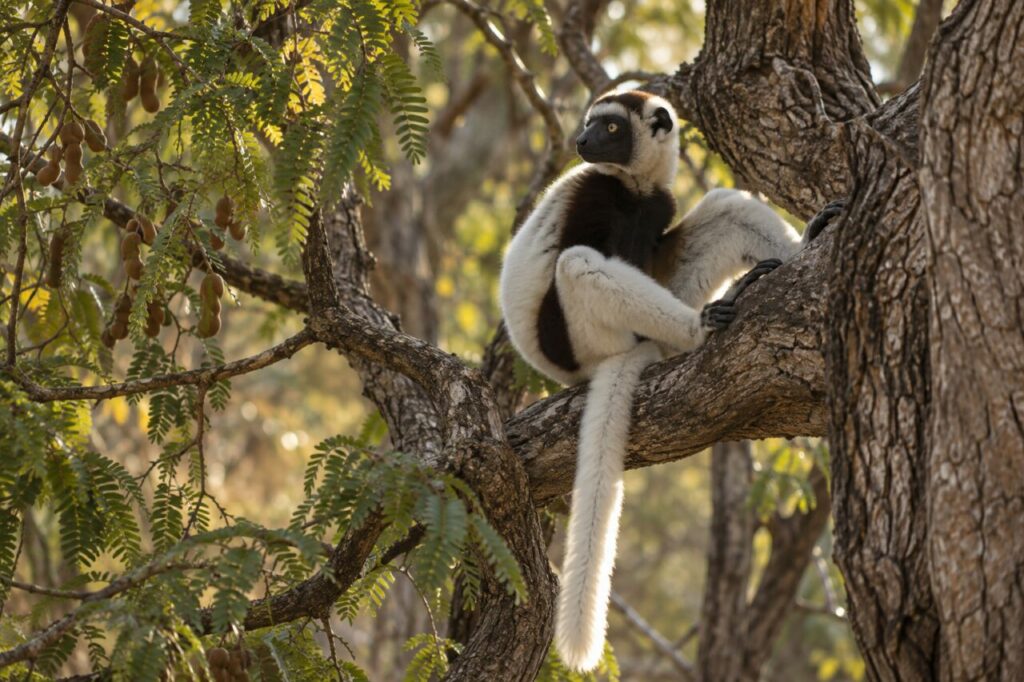 Sifaka de Verreaux — resting in filtered sunlight among tamarind trees