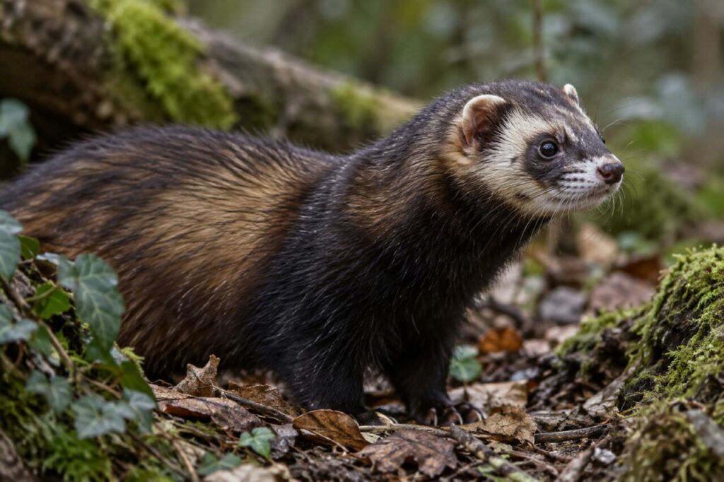 European polecat — close profile in soft woodland shade