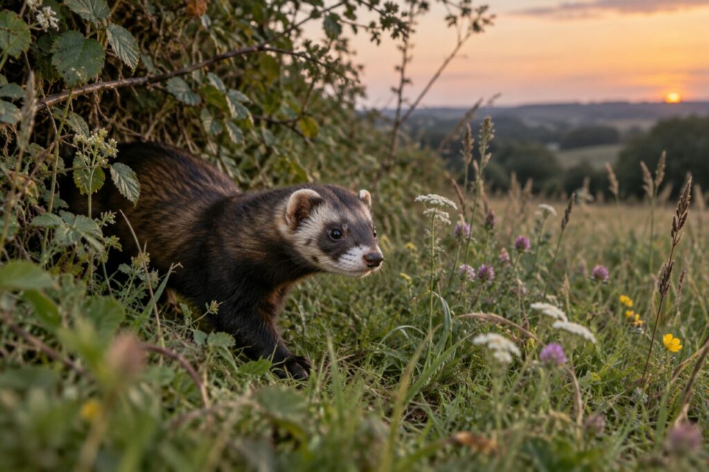 European polecat — emerging from a hedgerow at dusk