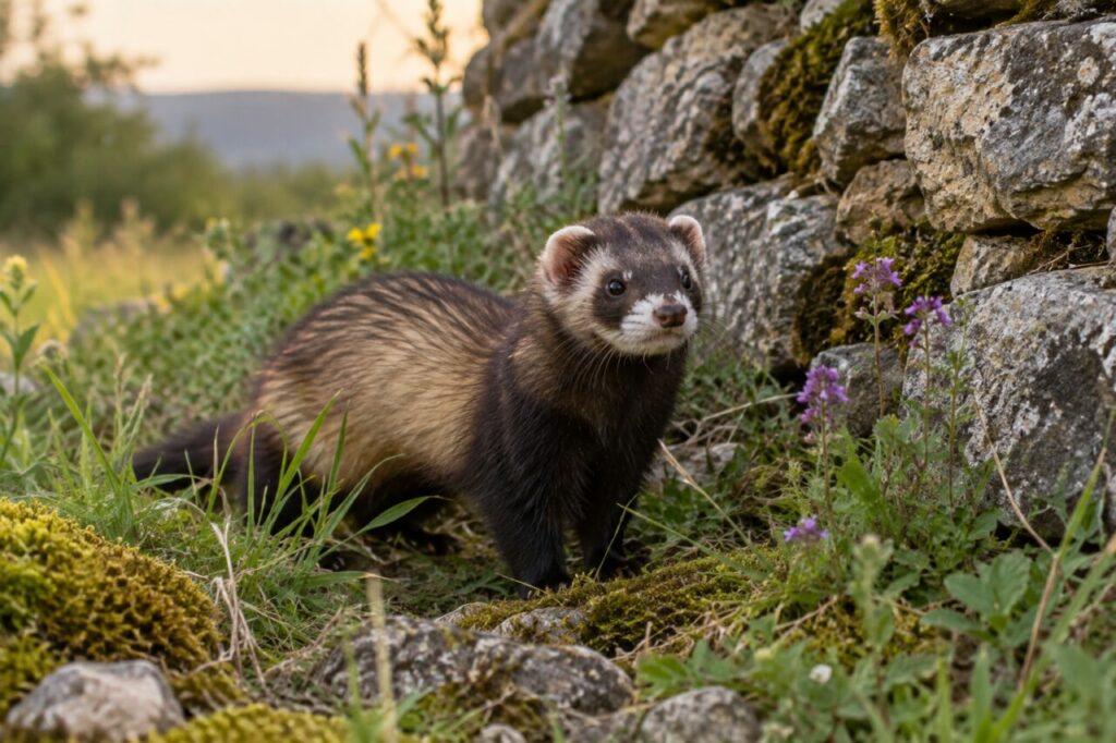 European polecat — near a stone wall and wildflowers