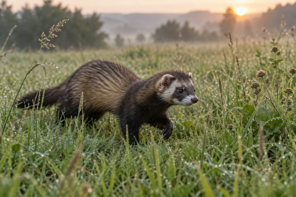 European polecat — walking through dew-covered meadow grass