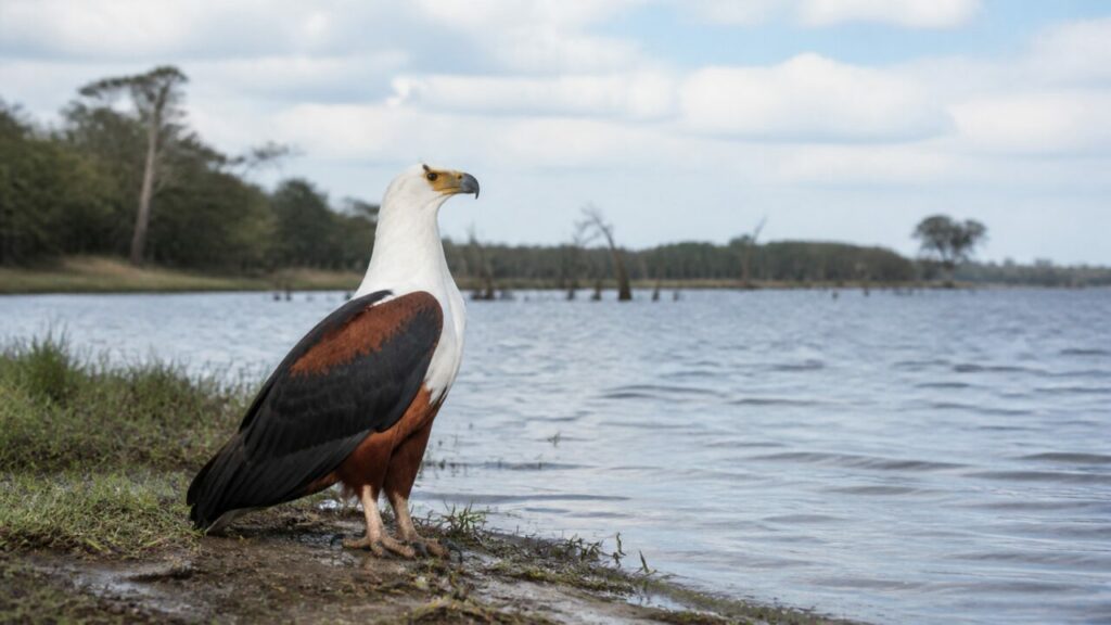 Aquila pescatrice africana — Rapace sulla riva del lago grigio