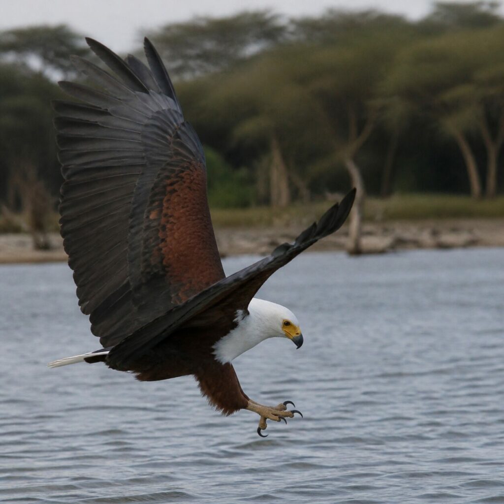 Aquila pescatrice africana — Ali aperte sopra lʼacqua