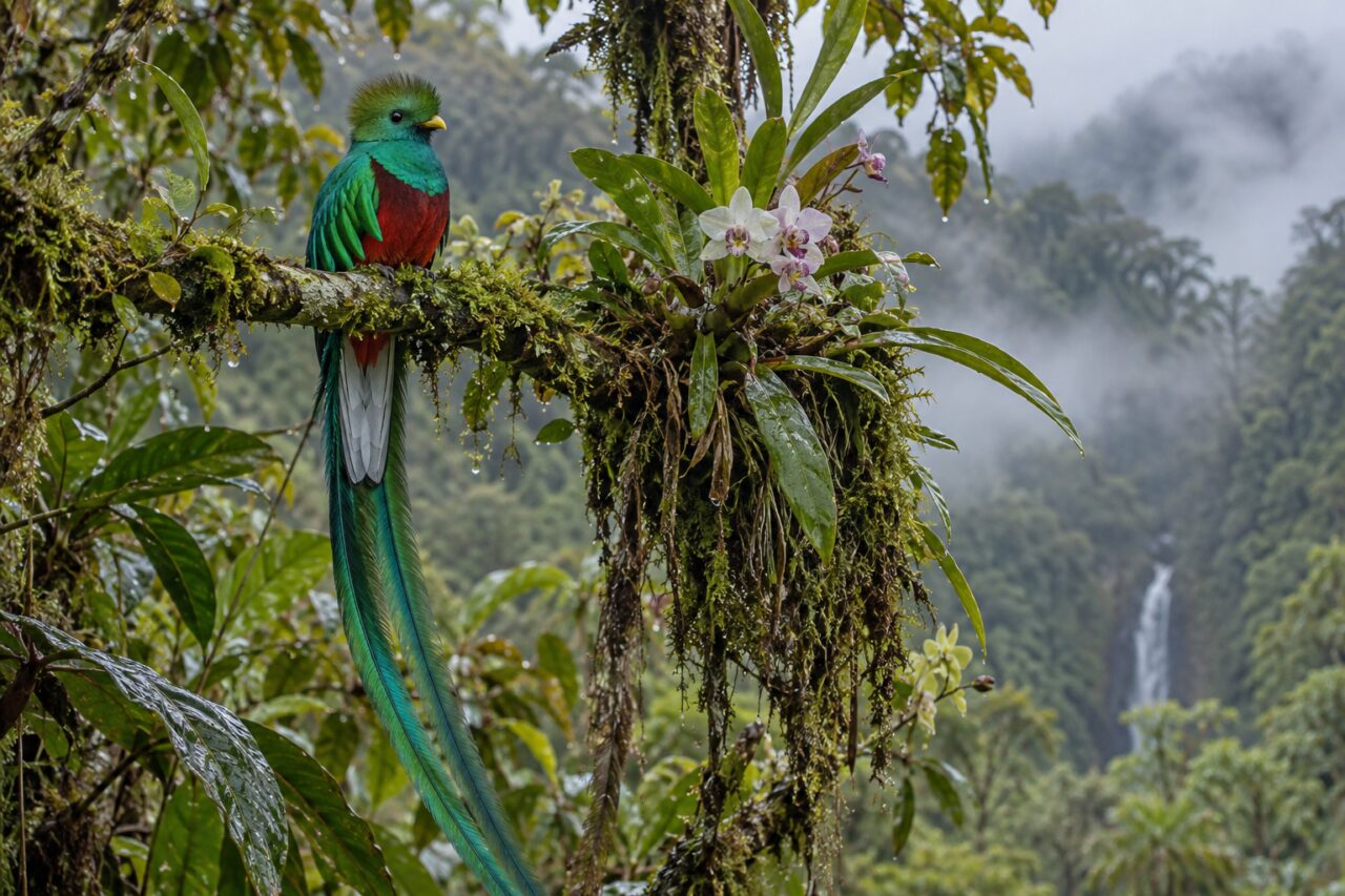 Quetzal resplandeciente del bosque nuboso — among orchids and dripping leaves