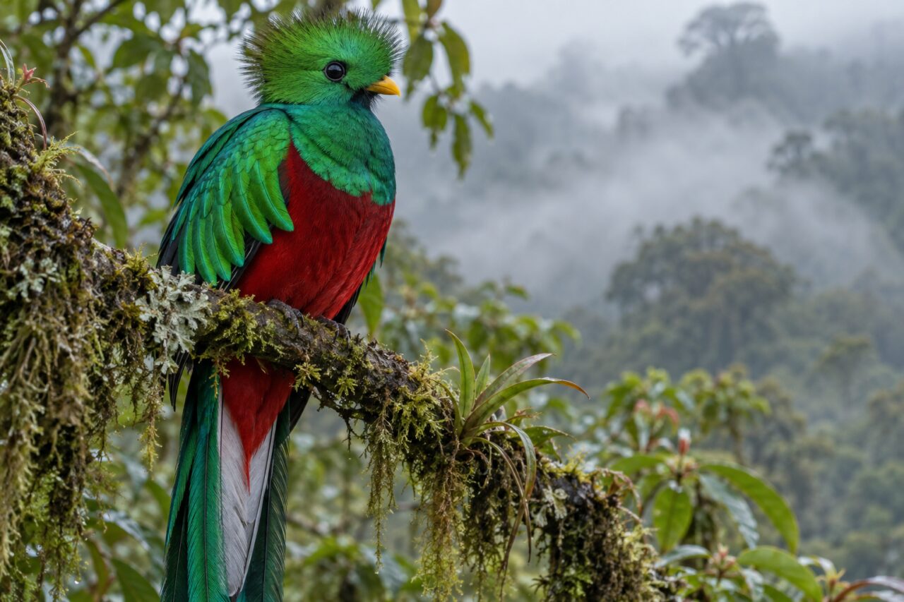 Quetzal resplandeciente del bosque nuboso — close portrait in soft mist