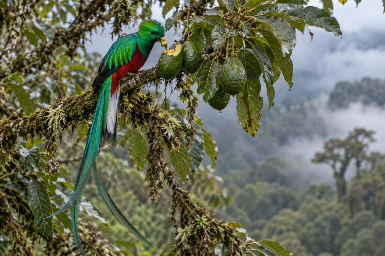 Quetzal resplandeciente del bosque nuboso — feeding on a wild avocado in the cloud forest