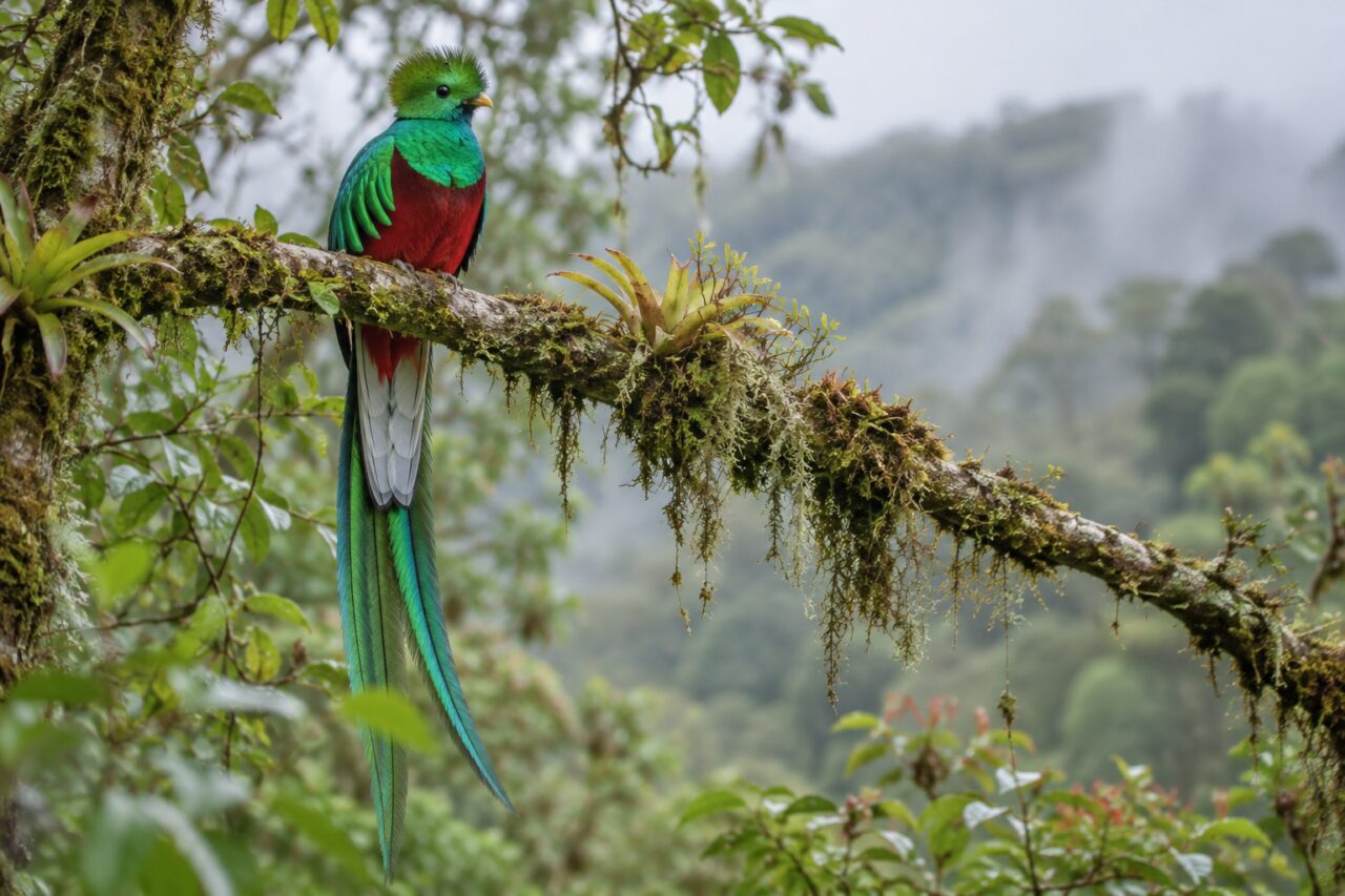 Quetzal uit het nevelwoud — perched on a mossy cloud-forest branch
