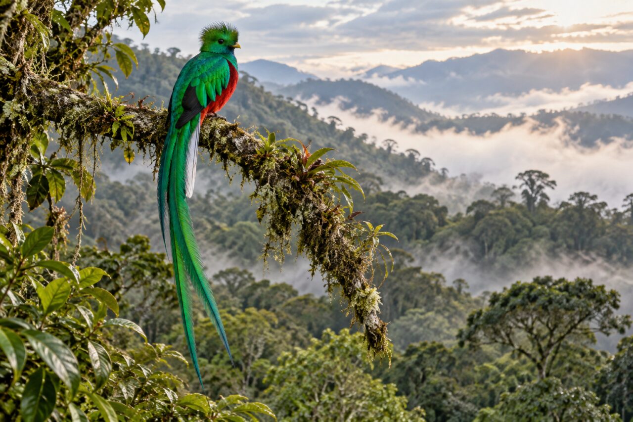 Quetzal resplandeciente del bosque nuboso — showing long tail feathers above the canopy