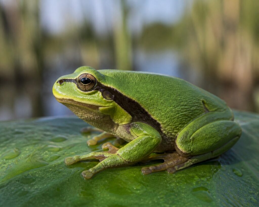 Raganella europea su una foglia vicino alla zona umida