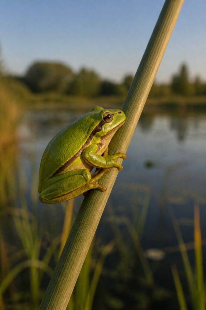 Raganella europea che sale su una canna sopra lo stagno