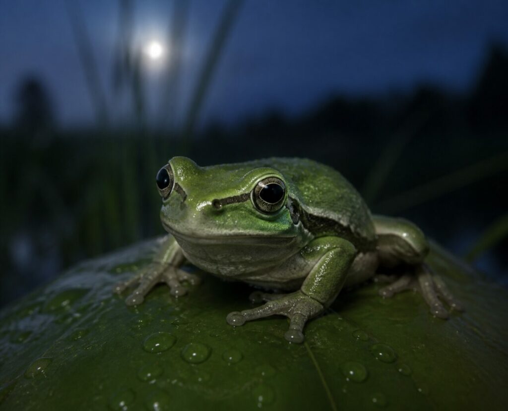 Raganella europea al chiaro di luna su una foglia bagnata