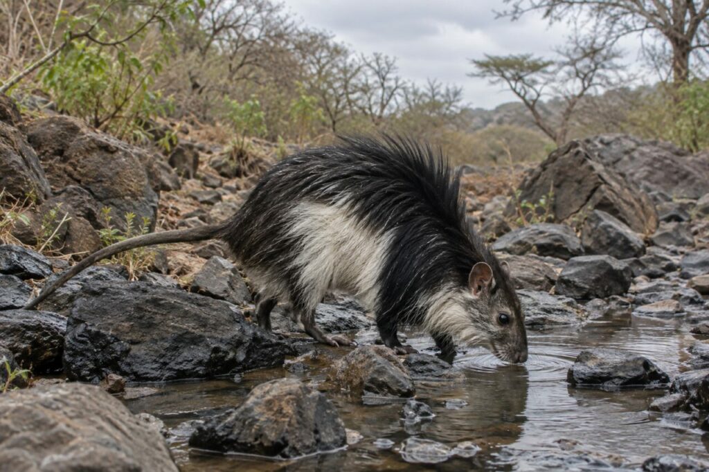 Rat à crête buvant dans un ruisseau basaltique kényan