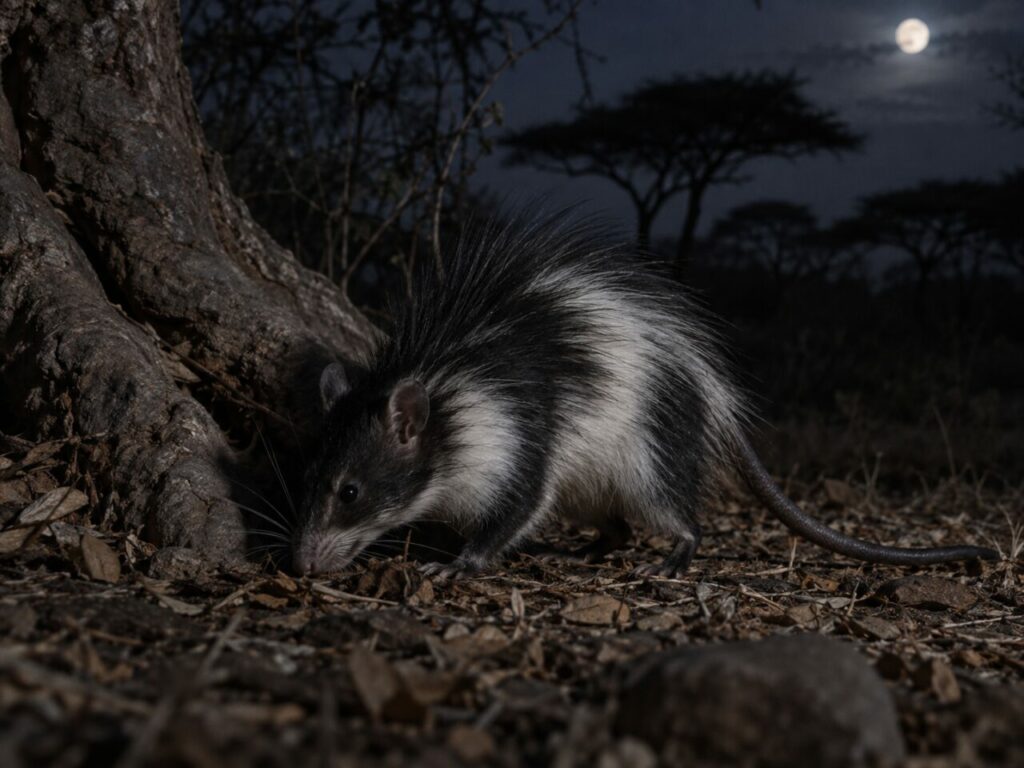 Rat à crête près d’une racine d’acacia sous la lune