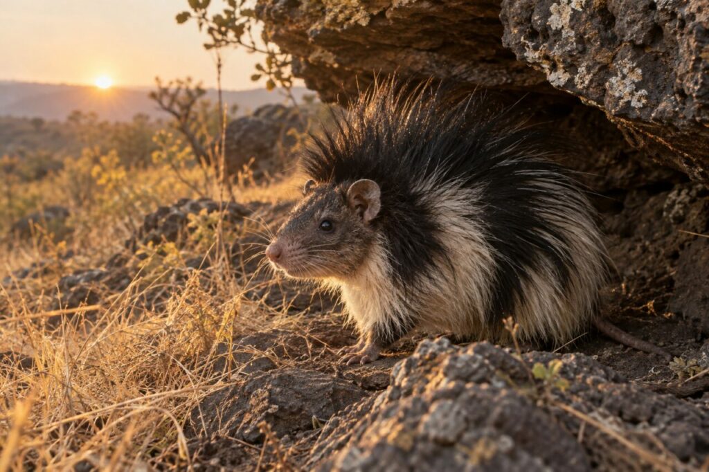 Rat à crête sous une corniche de lave est-africaine