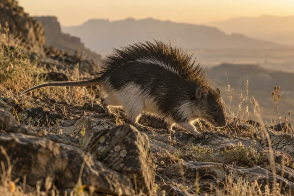 Rat à crête sur un escarpement éthiopien au lever du jour