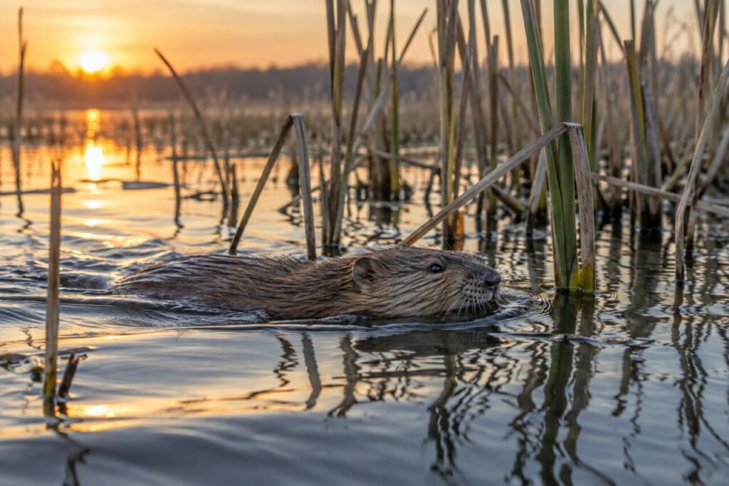 Rat musqué des marais nord-américains — swimming through reeds at sunrise