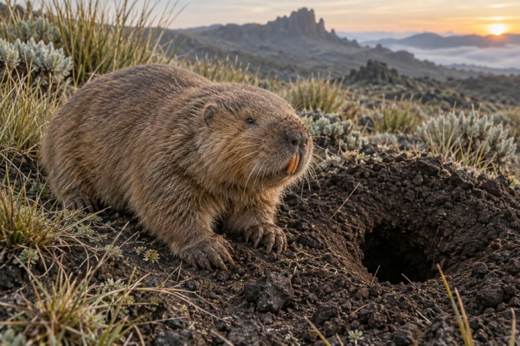 Rat-taupe géant éthiopien au bord d’un terrier d’altitude