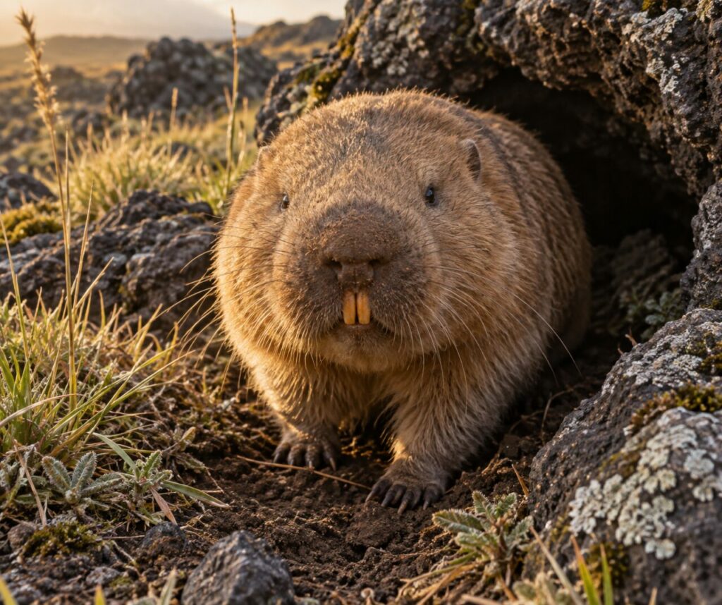 Rat-taupe géant éthiopien près d’un tunnel sous les herbes