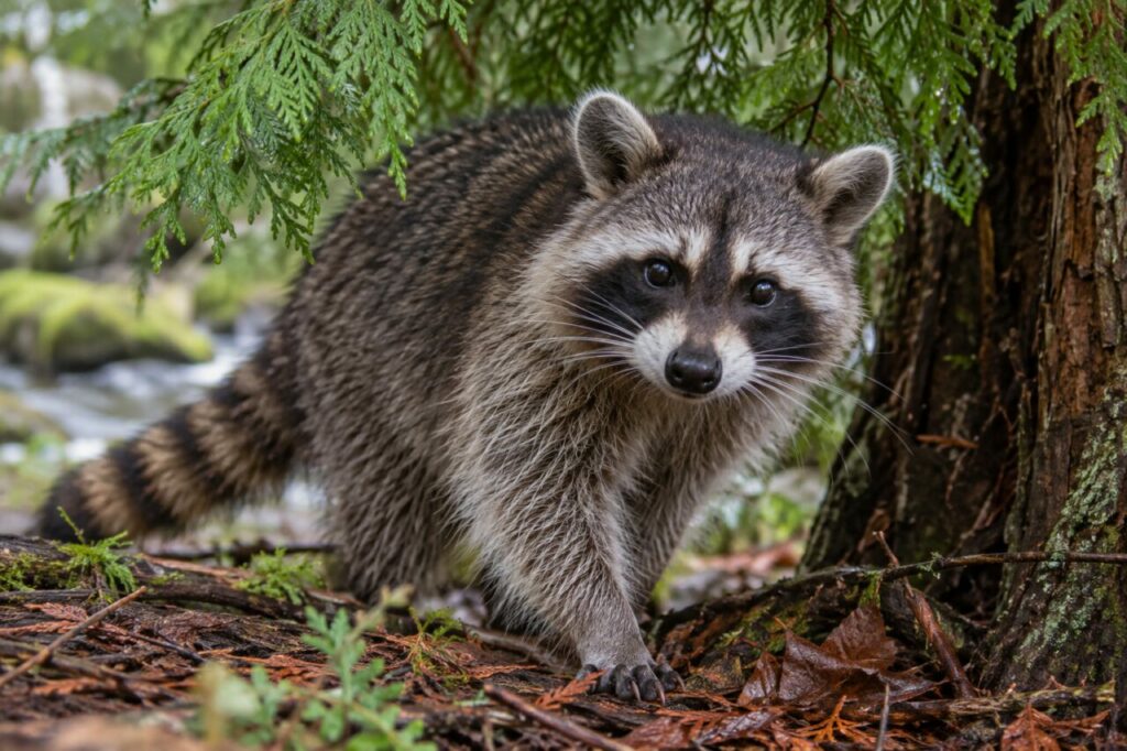 North American raccoon — close portrait beneath a cedar tree