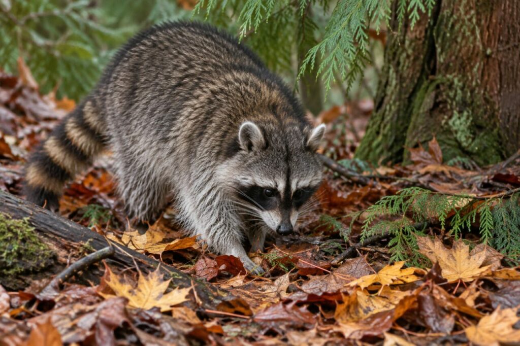 North American raccoon — foraging among fallen autumn leaves
