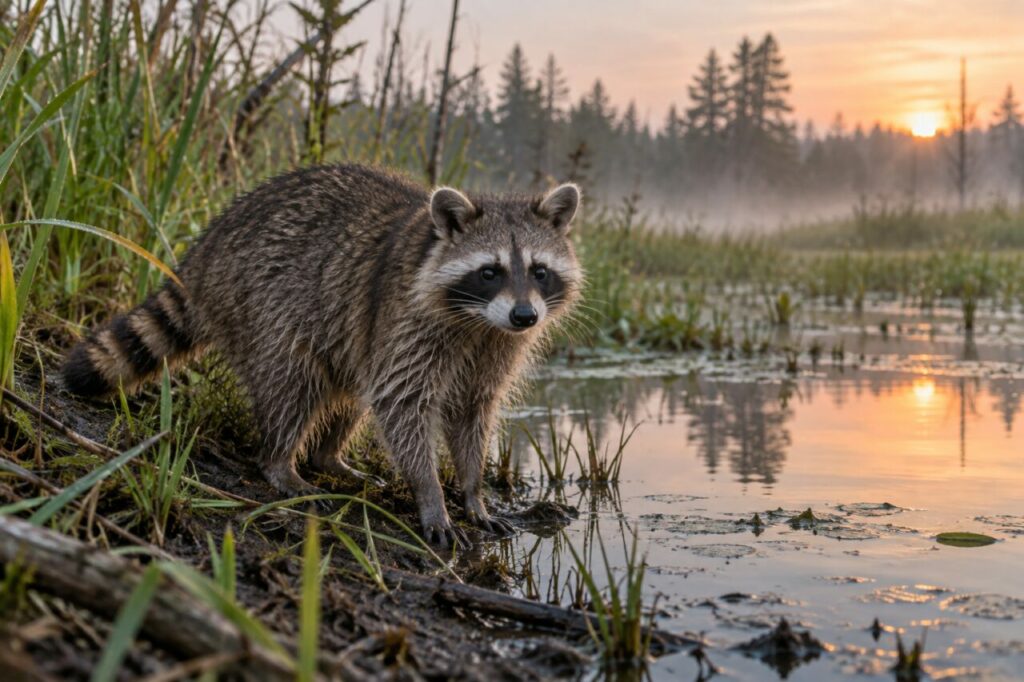 North American raccoon — standing beside a quiet marsh pool