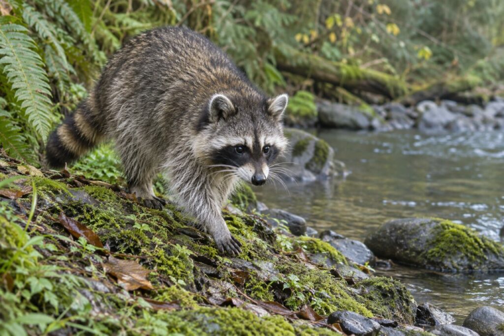 North American raccoon — walking along a mossy riverbank