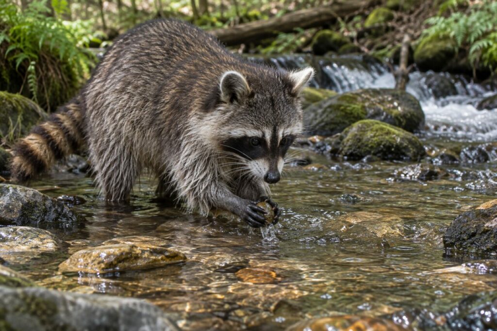 North American raccoon — washing food in a clear woodland stream