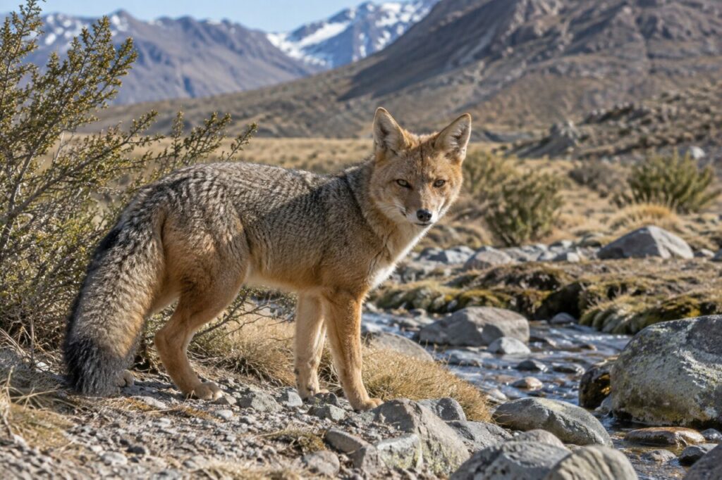 Raposa culpeo andina — near a dry mountain stream