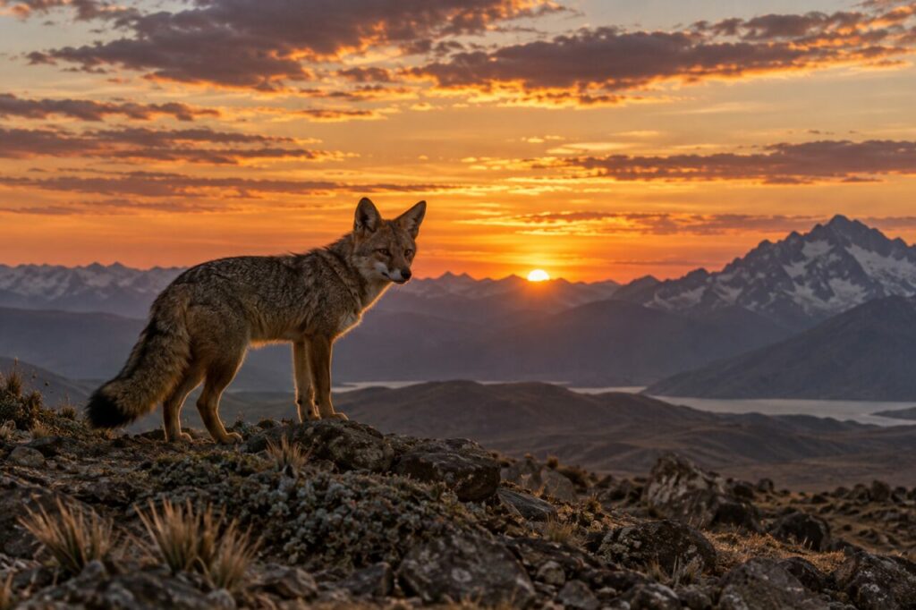 Raposa culpeo andina — silhouetted under a wide Andean sky