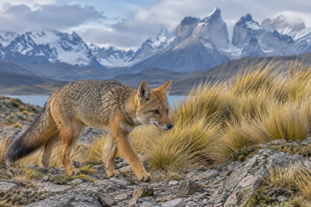 Raposa culpeo andina — walking beside golden tussocks