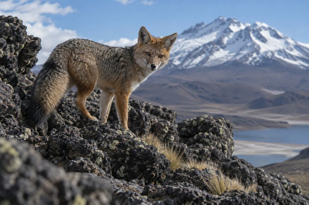 Raposa culpeo andina — watching from volcanic rocks