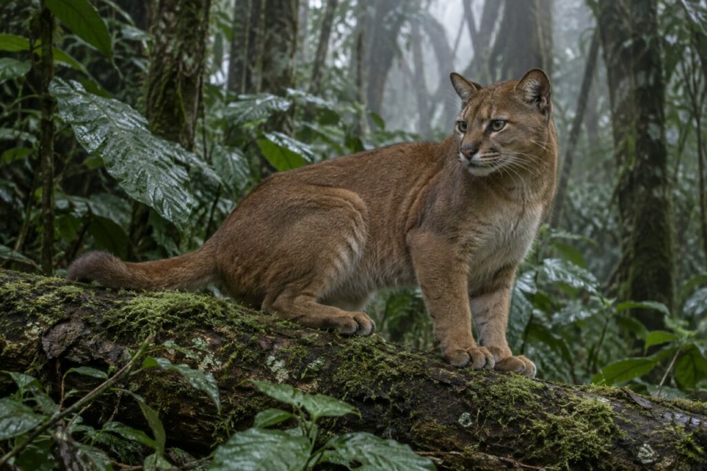 Repos du chat doré africain sur un tronc moussu de forêt d’altitude